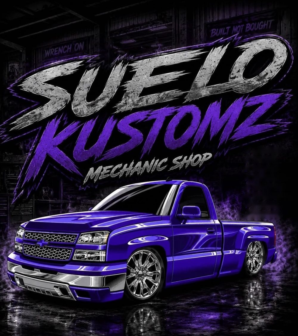 SueLoKustomz Mechanic Shop artwork showing a purple lowered Silverado under the shop name